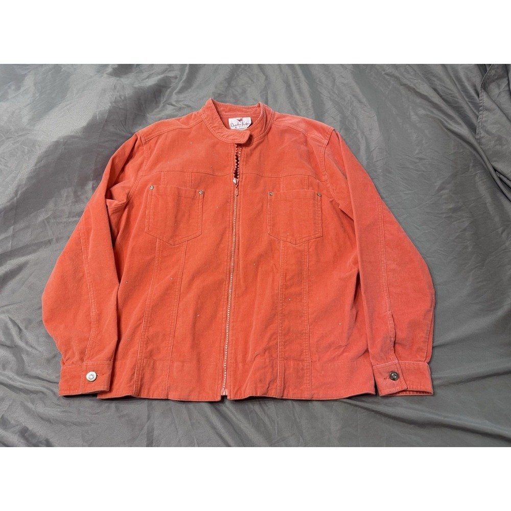 Quacker Factory Corduroy Jacket Womens Large Zip Front Rhinestone QVC Peach